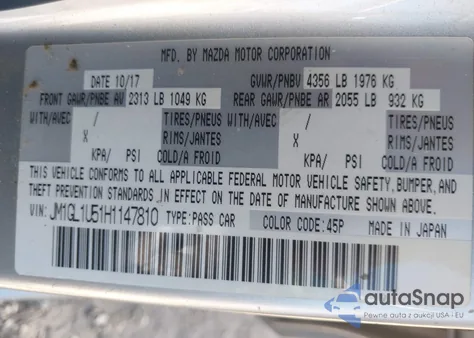 2017 Mazda Mazda6 Sport z USA, uszkodzony, nr VIN JM1GL1U51H1147810